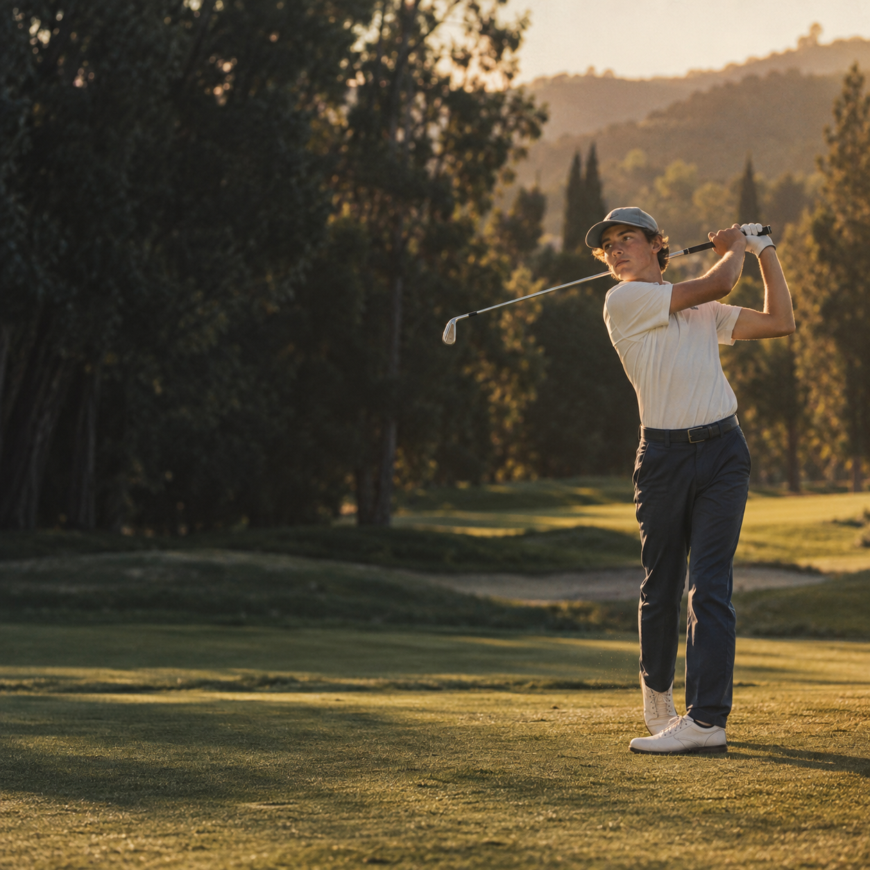 Illustrative image of a junior golfer completing a swing on a sunlit California course